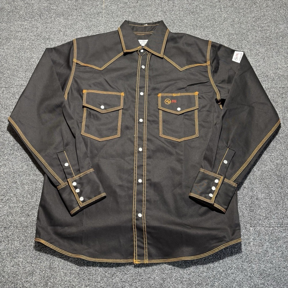 Western Welder FR Mens L Button Up Shirt Black/Orange Workwear Pearl Snaps